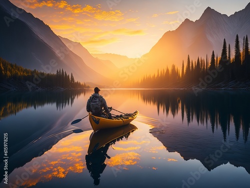 Man travelling in a kayak in a lake at sunrise in mountains is a peaceful and serene scene that captures the beauty and tranquility of nature. Generative AI