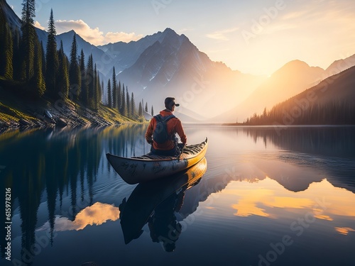 Man travelling in a kayak in a lake at sunrise in mountains is a peaceful and serene scene that captures the beauty and tranquility of nature. Generative AI