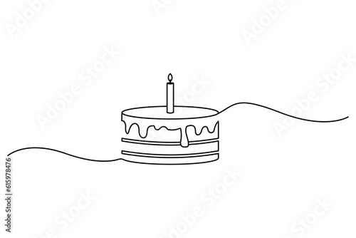 Birthday cake in continuous line art drawing style. Traditional cake candle black linear sketch. Vector illustration.