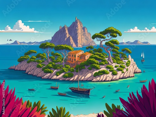 Illustration of beautiful view of Mallorca island, Spain. Generative AI