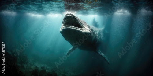 Underwater prehistoric creature or dinosaur swimming underwater. superlative generative AI image. photo