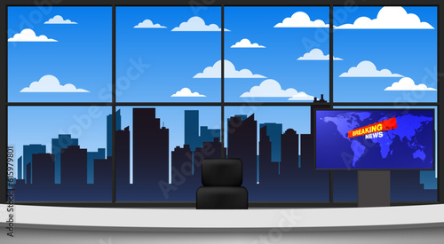 white table and lcd tv in the news studio room with city in the night background
