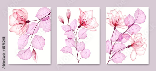 Floral art background with flowers and leaves in pink and purple colors in a transparent watercolor style. Botanical vector set of posters for interior design, print, wallpaper, textile, packaging.
