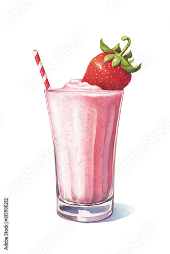 A strawberry milkshake with a straw in a glass. Generative AI.