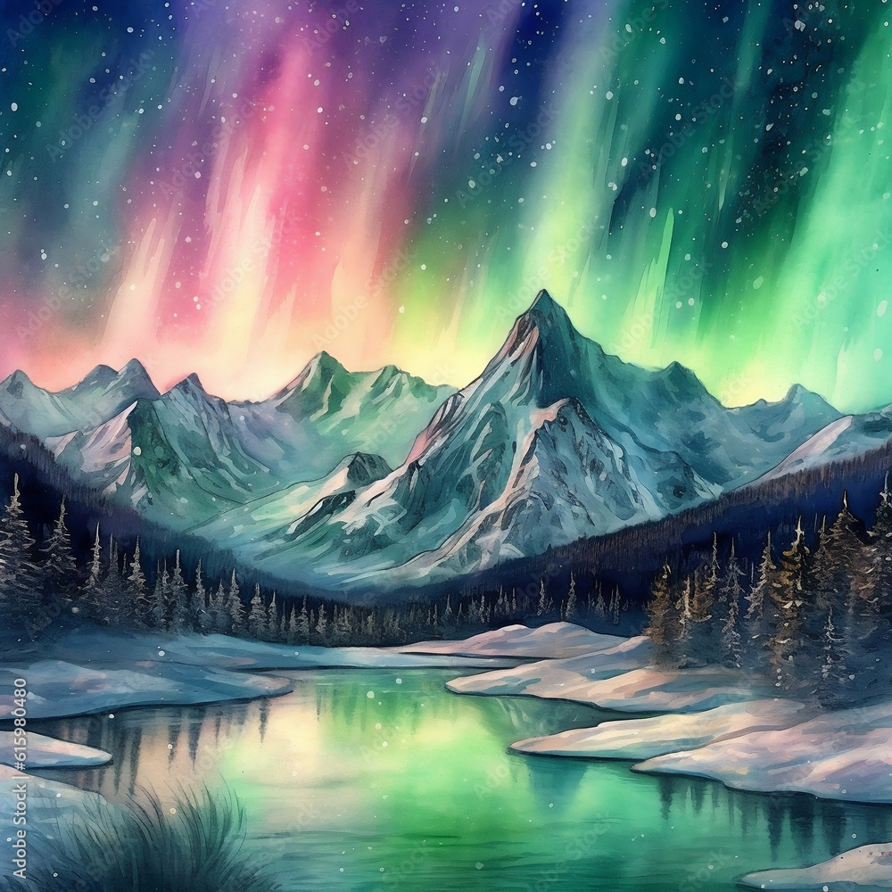 Aurora borealis with lake