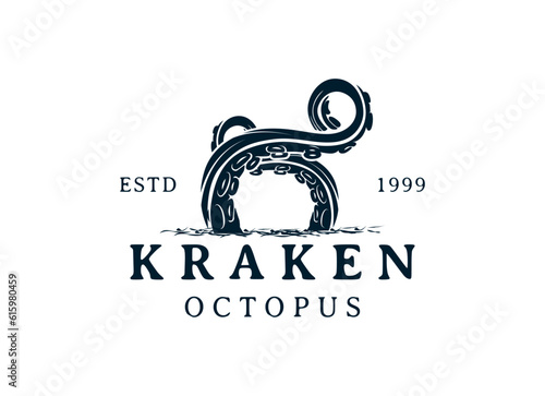 kraken octopus trident hipster vintage logo vector icon illustration
