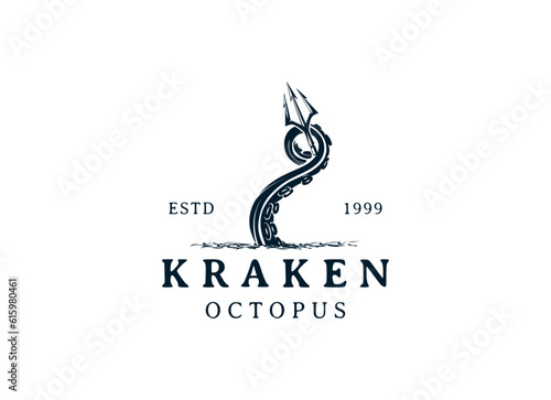 kraken octopus trident hipster vintage logo vector icon illustration