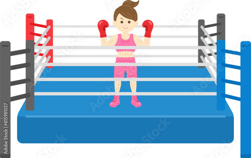 ボクシングリングに立つ、女性ボクサーのイラスト