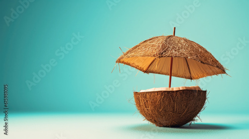 Tropical beach concept made of coconut fruit and sun umbrella. 