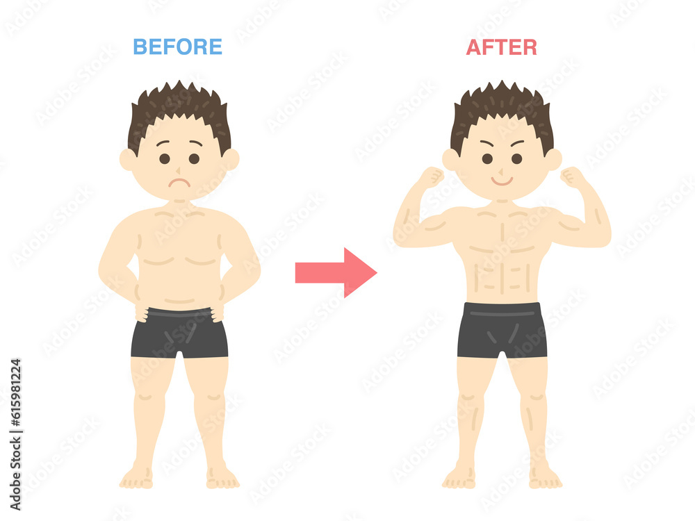 ダイエットした男性の、ビフォーアフターのイラスト ダイエットした男性の、ビフォーアフターのイラスト