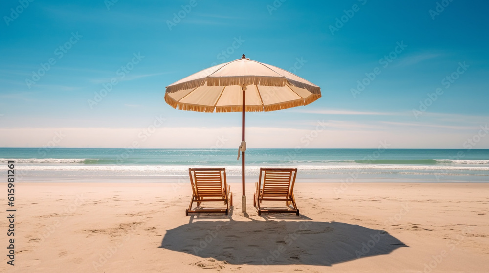 beach chairs and umbrella with sea view
