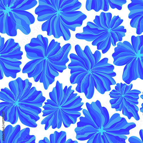 Wavy flowers seamless pattern. Blue exotic plants textile surface. Floral seamless background