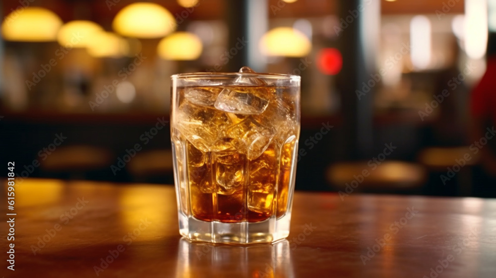 Cola glass with ice cube in bar