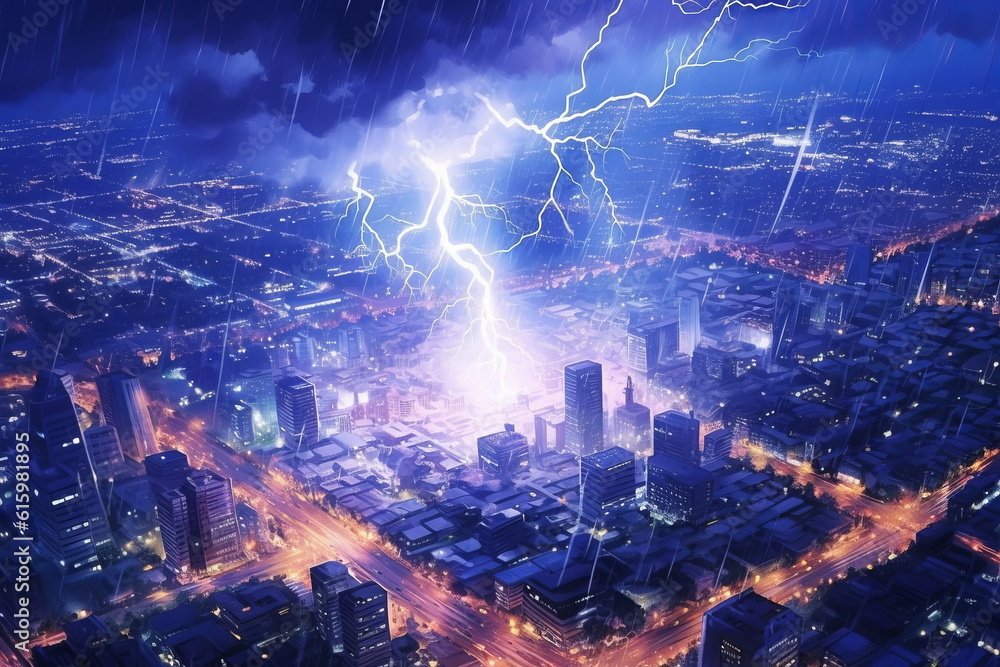 雷と都市風景,Generative AI AI画像