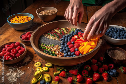 someone putting fruit into a bowl filled with cereal, nuts, berries, bananas, and oats on a wooden table