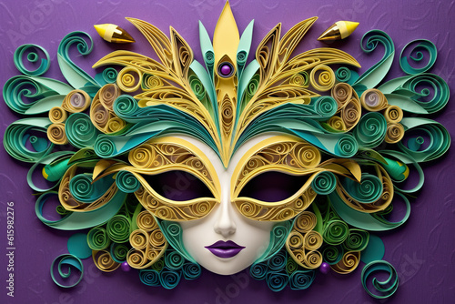 A paper mask with green and yellow swirls on a purple background. Generative AI. © tilialucida