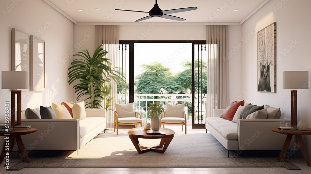 Fototapeta premium A living room filled with furniture and a ceiling fan. Generative AI.