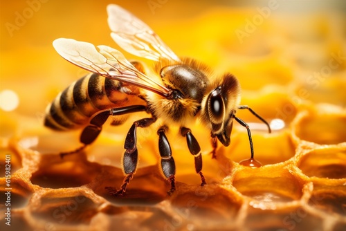 macro bug bee closeup honey insect nature gold pollen yellow background. Generative AI.