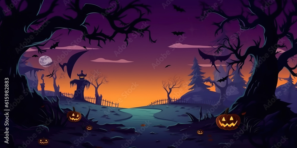 A halloween scene with pumpkins and bats. Generative AI.