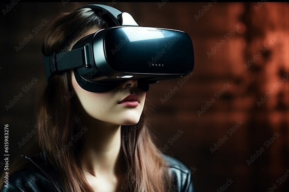 Woman is using virtual reality headset with inscription AI Generative. Woman is using virtual reality headset with inscription AI Generative.
