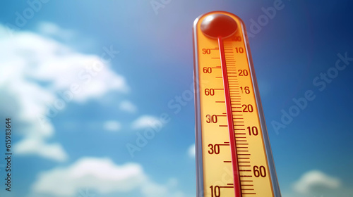 hot temperature,Thermometer on yellow sky with sun shining in summer show higher Weather, concept global warming