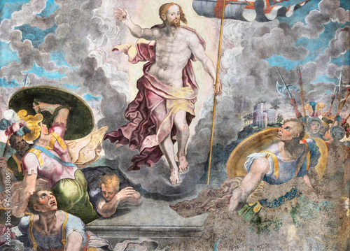 NAPLES, ITALY - APRIL 23, 2023: The detail of fresco of Resurrection in the church Chiesa di San Giovanni a Carbonara by unknown mannerist painter from years (1570 - 1575).