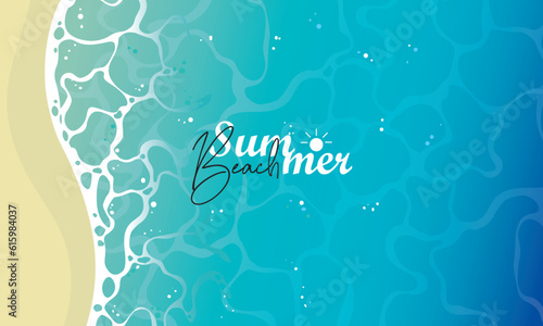 Summer travel flyers with beach items and wave. Top view. Vector illustration. Tropical beach poster. Vector illustration.