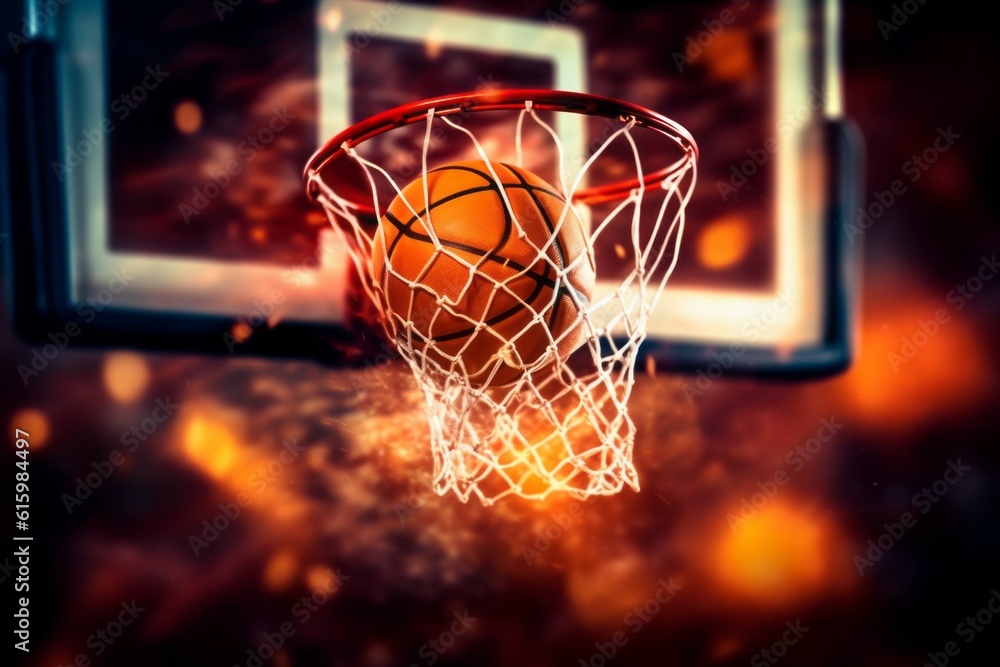 The basketball ball flies into the ring. Background with selective focus and copy space. AI generated, human enhanced