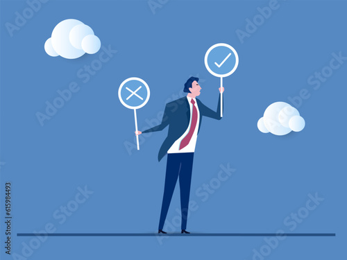 Businessman holding right or wrong of left and right hand while making decision, Business decision right or wrong, true or false, correct and incorrect, moral choosing option concept.
