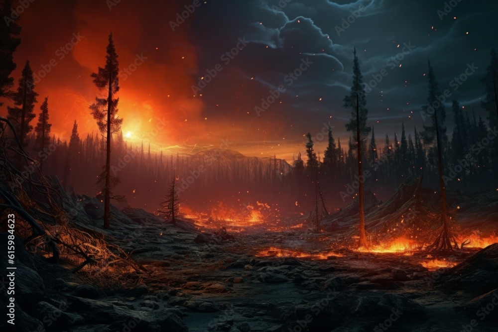 Forest fire in the summer season of the dry period of the year. AI generated, human enhanced Forest fire in the summer season of the dry period of the year. AI generated, human enhanced