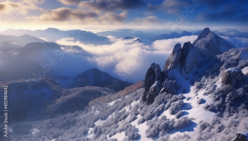 Mountain top surrounded by clouds. Climate change concept. AI generated  human enhanced.