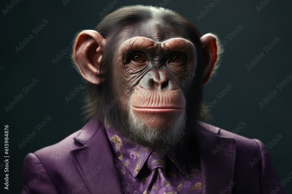 Anthropomorphic chimp dressed in a suit like a businessman. business concept. AI generated, human enhanced Anthropomorphic chimp dressed in a suit like a businessman. business concept. AI generated, human enhanced