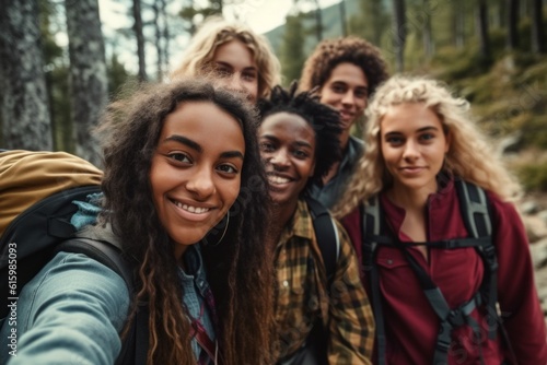 A group of teenagers on vacation in a hike or on an excursion. Background with selective focus. AI generated