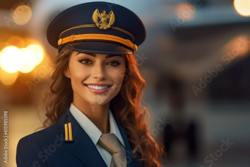 Stewardess. Background with selective focus. AI generated, human enhanced