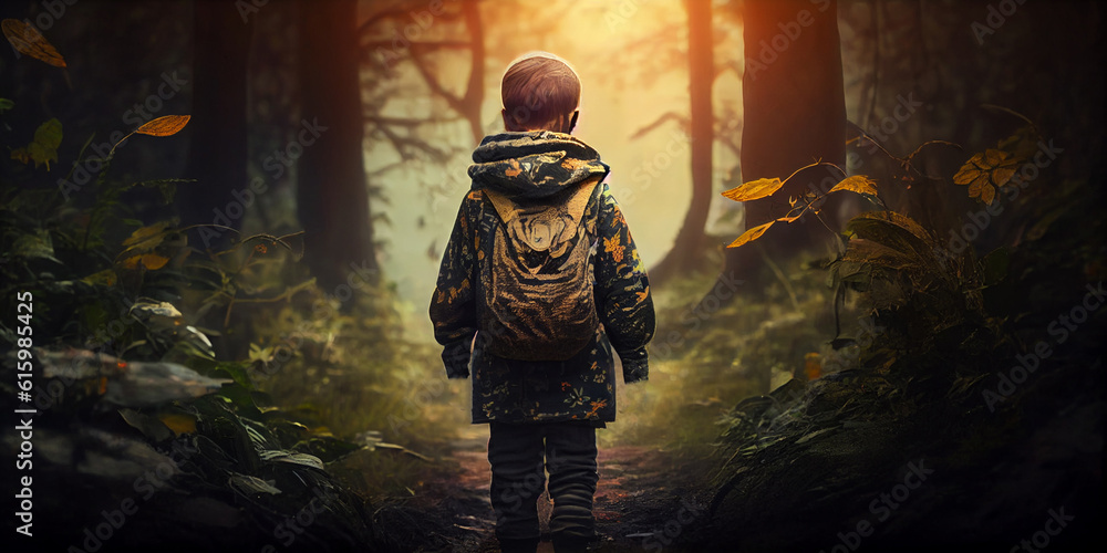 A little boy with a backpack behind his shoulders stands on a forest path and looks into the distance at the rays of the rising sun, view from the back. Generative AI