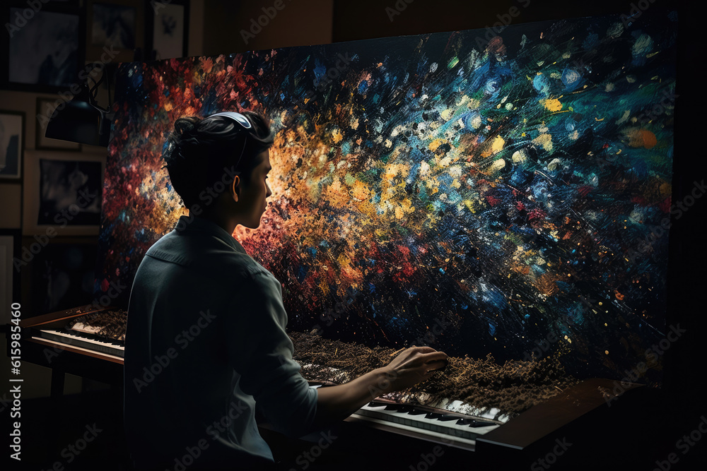 a person playing on a piano in front of a large, colorful art piece that looks like an abstract painting a person playing on a piano in front of a large, colorful art piece that looks like an abstract painting