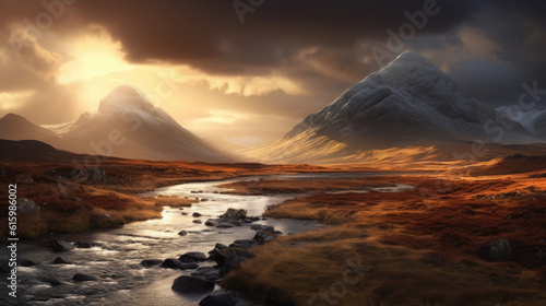 mountain range at sunset with valley stream