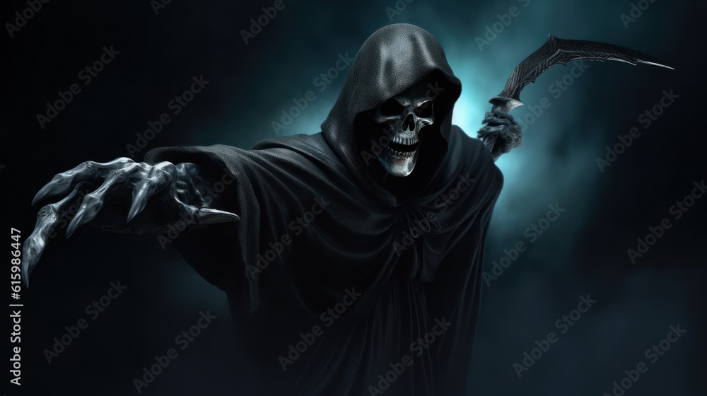 Halloween Grim Reaper reaching for camera over dark background with copy space. Halloween Grim Reaper reaching for camera over dark background with copy space.