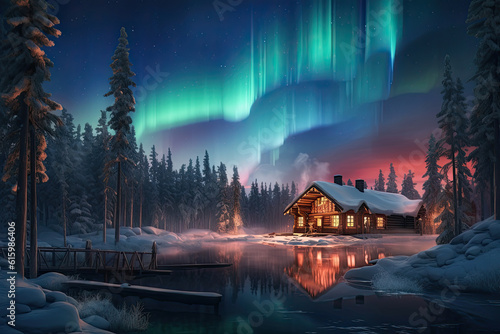 a cabin by the water with aurora lights in the sky and snow on the ground, trees are reflected in the water