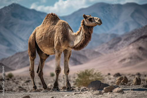 a camel standing in the desert with mountains in the back ground and blue sky behind himalas, oman © Golib Tolibov