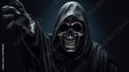 Halloween Grim Reaper reaching for camera over dark background with copy space.