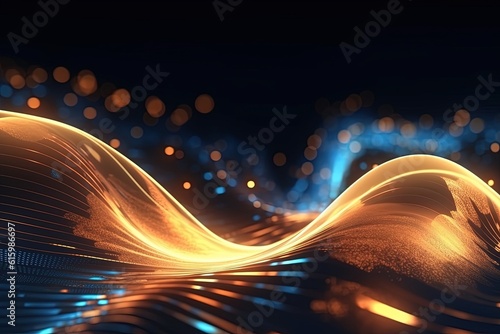 abstract futuristic background with gold blue glowing neon moving high speed wave lines and bokeh lights. Data transfer concept Fantastic wallpaper, Ai Generative