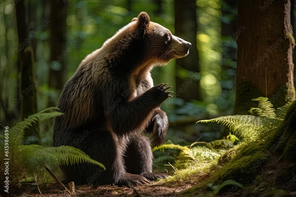 Fototapeta premium a bear sitting in the woods looking up at something that is going by his side, with it's back to the camera
