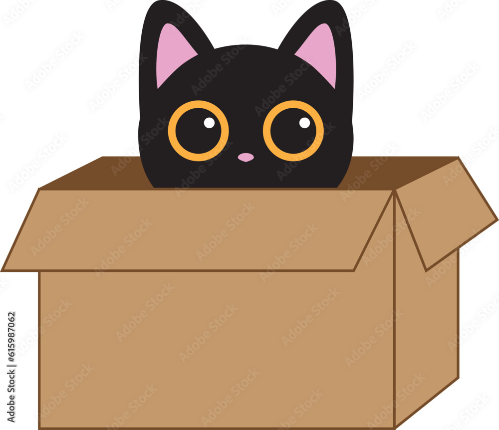 Black Cat in a cardboard box icon flat vector. Black Cat in a cardboard box icon flat vector.