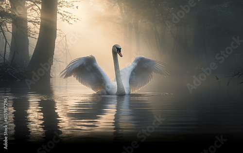 A beautiful Rembrandt ray  oblique light is inserted in the morning mist. Swans gracefully flap their wings. Generative AI