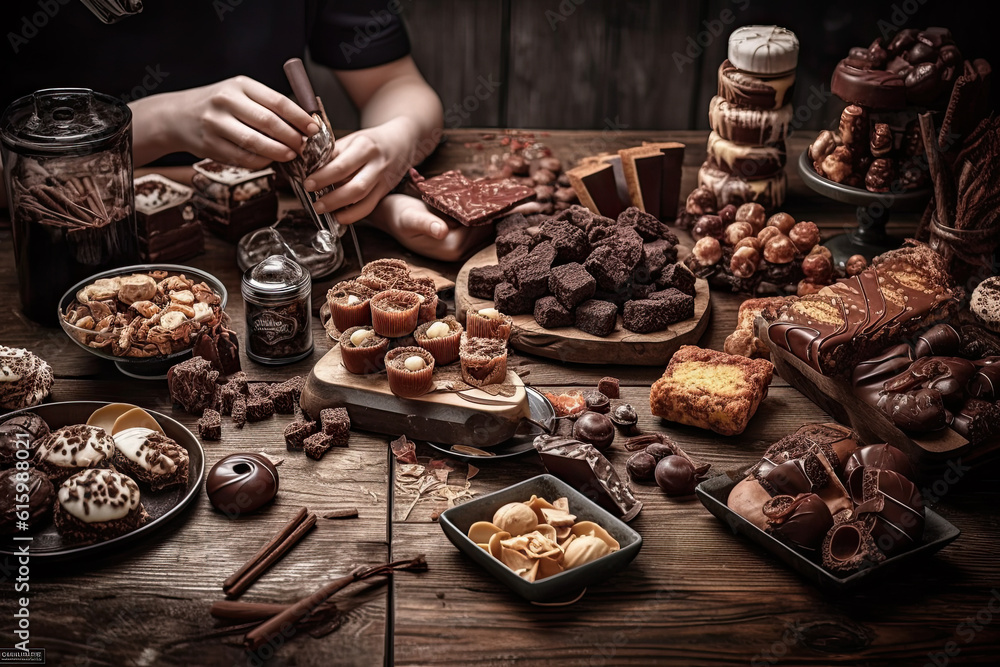 some chocolates on a wooden table with a person holding a spoon in front of them and looking at the camera