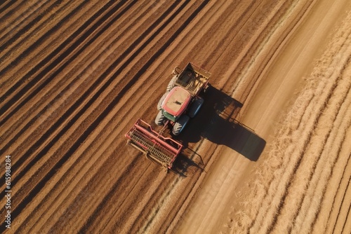 Agricultural Tractor With A Seeder Plowing, Generative AI