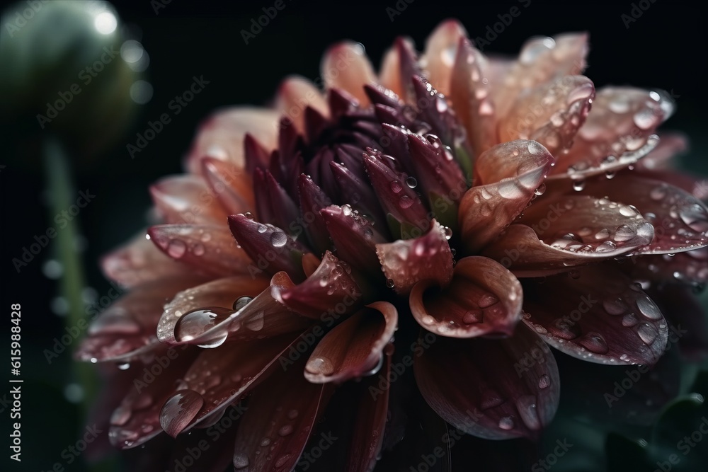 Close Up Shot Of A Flower In Full Bloom With Dew, Generative AI Close Up Shot Of A Flower In Full Bloom With Dew, Generative AI