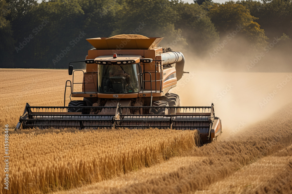 Fototapeta premium Combine Harvester Collecting Wheat in Field, Generative AI