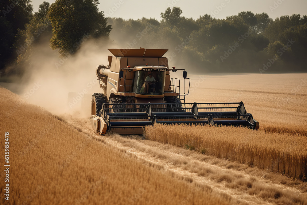 Fototapeta premium Combine Harvester Collecting Wheat in Field, Generative AI